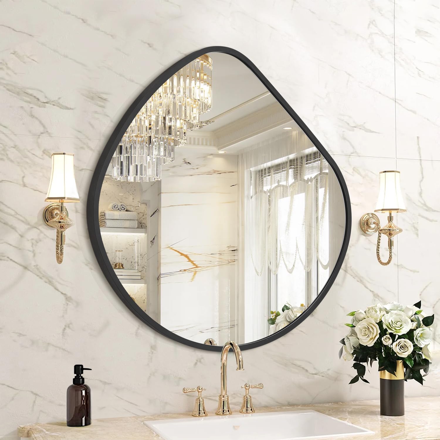 Irregular Wall Mirror Asymmetrical Mirrors, 19''x20'' Black Metal Framed Mirror for Bathroom Bedroom Living Room Entryway, Decorative Modern Wall Decor, Wall Mouted ( Similar to one in stock)