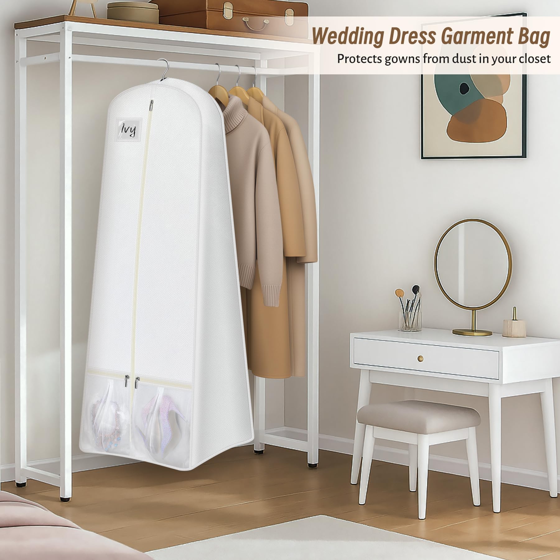 KIMBORA Kleidersack für Hochzeitskleid, 183 cm, mit 38,1 cm Zwickel, Brautkleidertaschen für Kleider, lange Aufbewahrung und Reisen, große Netztaschen, hängende Kleiderhülle für Damen, Weiß