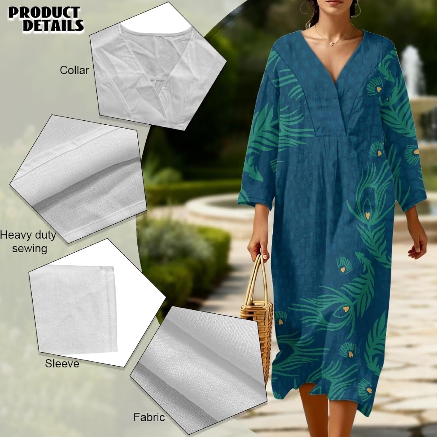 INSTANTARTS Womens Linen Summer Dress Loose Fit Tunic Dress V Neck Flowy Vacation Beach Sundress Chinese Outfits