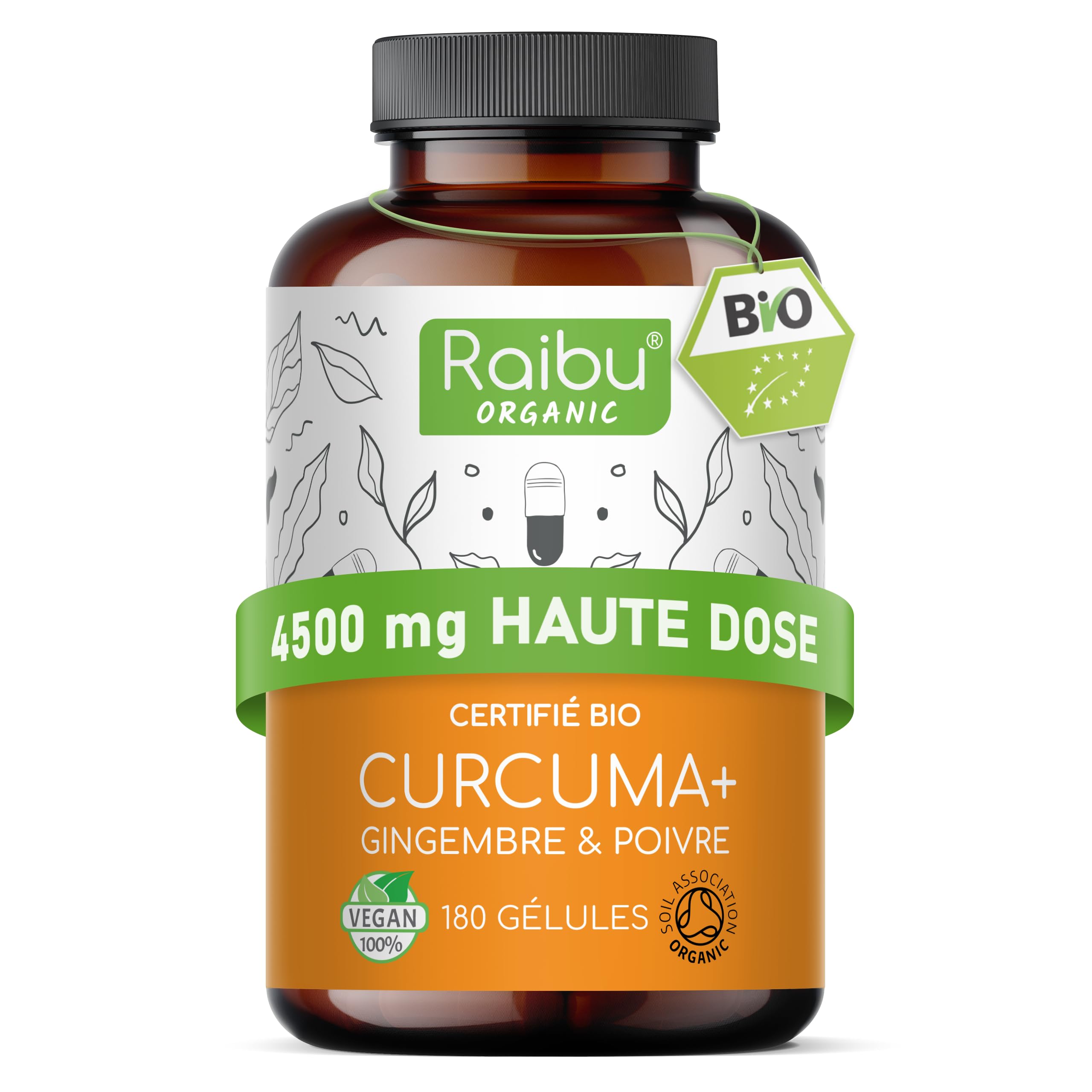 Curcuma gingembre poivre noir 4500mg, 180 gélules de curcumine bio - curcuma bio