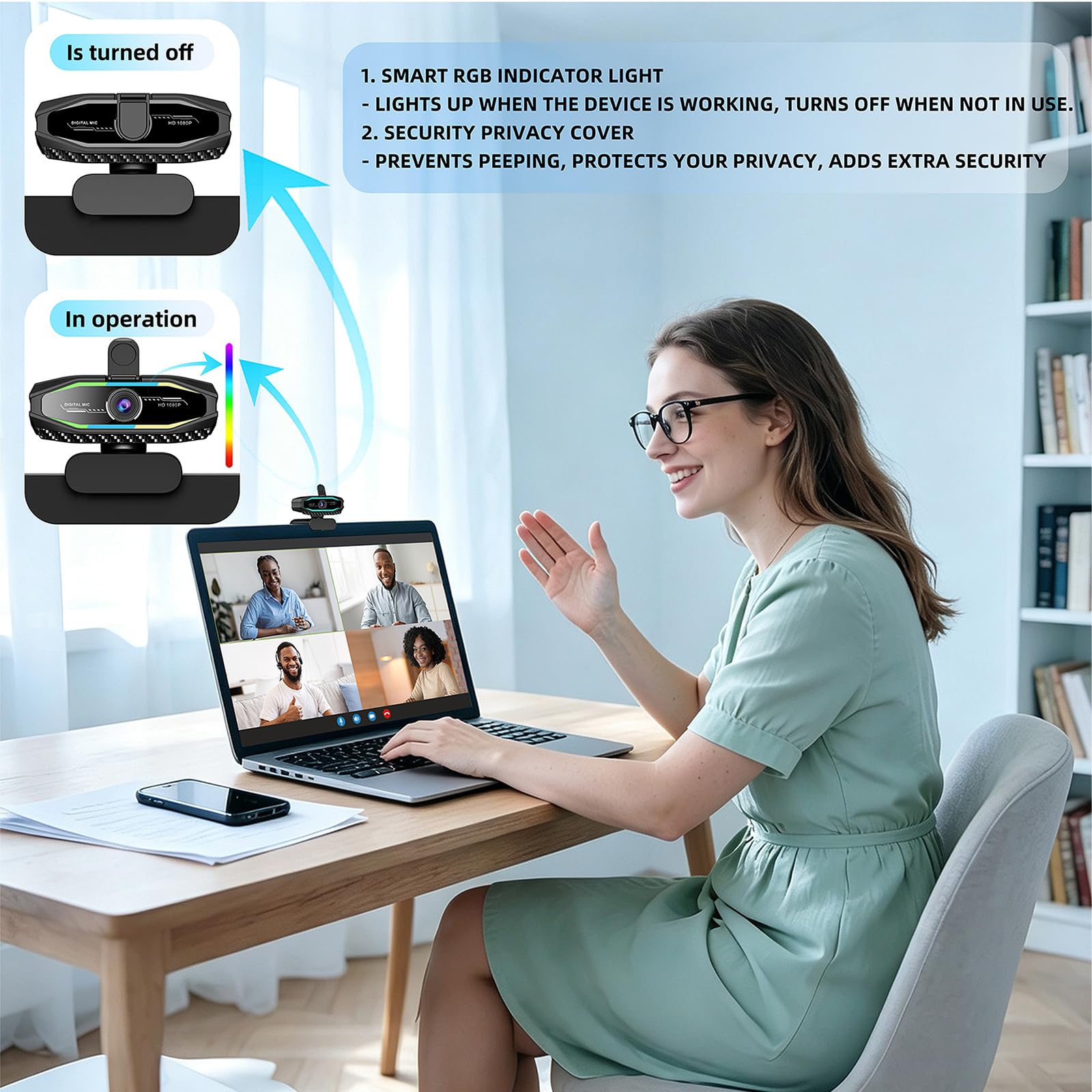 Cámara web HD 1080P, cámara de computadora USB Plug & Play, cámara de transmisión automática de poca luz, cámara web de luz de estado RGB, cámara web con micrófono con cancelación de ruido