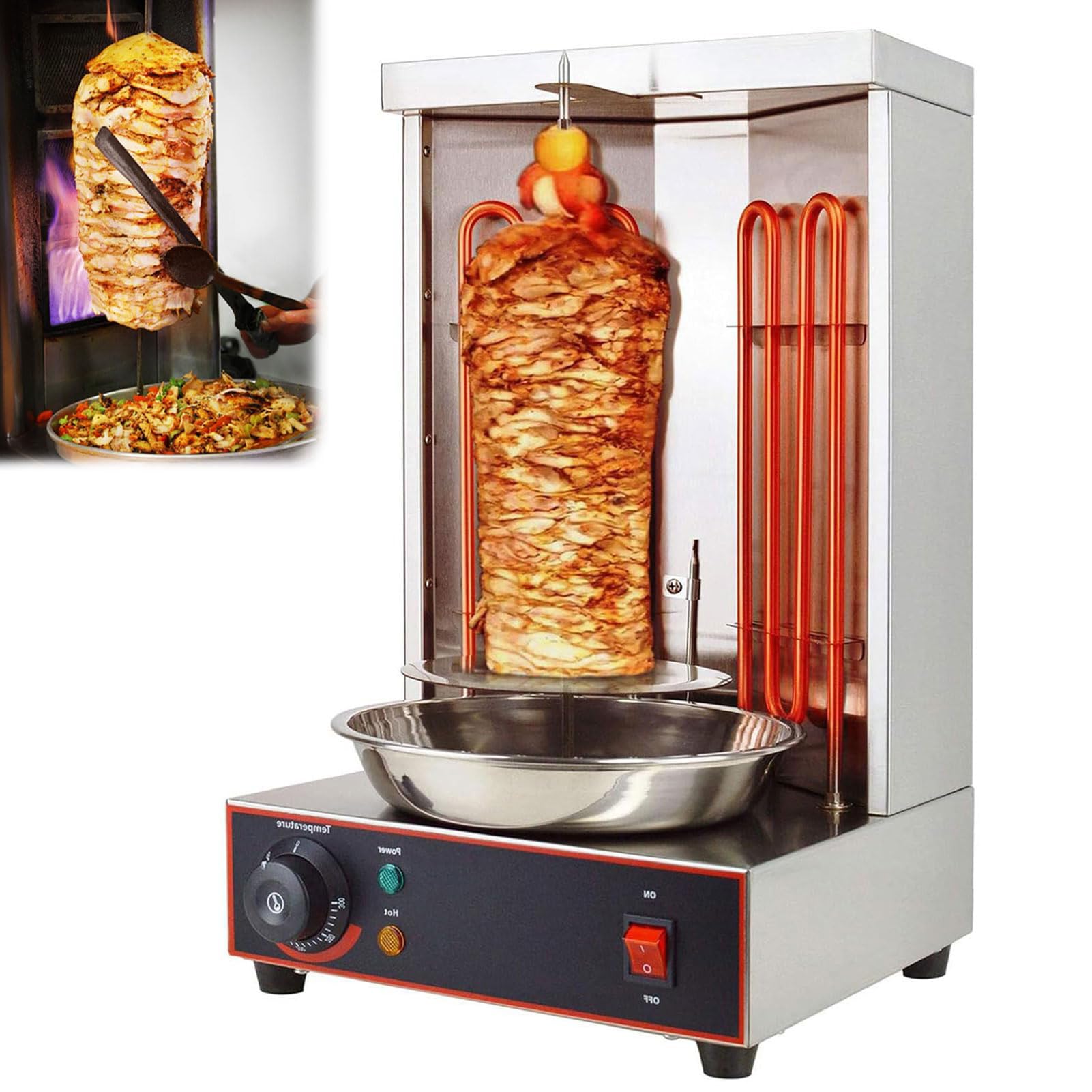 JIANGYUXINLI Vertical Electric Rotisserie Grill, Chicken Shawarma Cooker Machine, 2400W, 360° Rotation, Grease Collector, 20 Lb Capacity, 9-Inch Spike, Stainless Steel Build, for Takeaways & Cafés