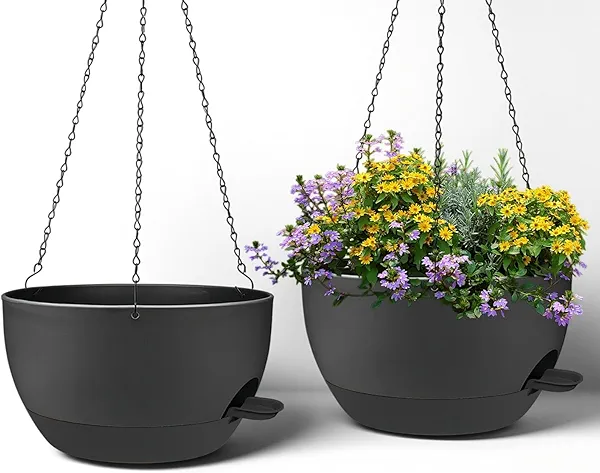 zople 2 Pack 12 Inch Large Hanging Planters with Chains Self Watering Black Plastic Hanging Pots for Indoor Outdoor Plants, Garden Porch Home Decor，Black