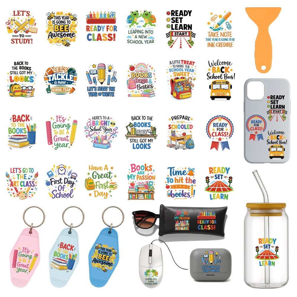 GOMAKERER 120Pcs 24 Styles UV DTF Wrap Stickers for Motel Keychain, School Spirit UV DTF Decals Classroom Student Teacher UV DTF Transfer Stickers for Acrylic Hotel Keychain Card — image 1