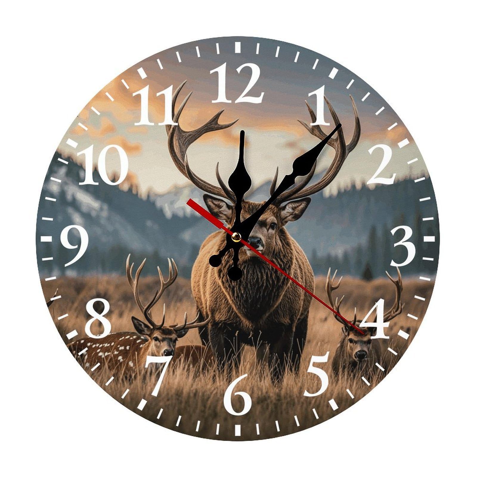 QMNLKH Wildlife Hunting Deer Bear Elk Wall Clock for Home, Battery Operated Clock for Hotel, Round Wall Clock with Arabic Numerals White, Easy to Read, Non-Ticking Clocks for Living Room 30 * 30cm