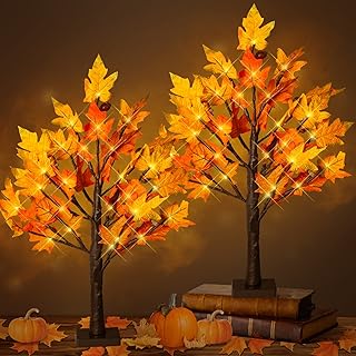 2ft Tabletop Lighted Maple Tree, 36 LED Warm White Artificial Fall Tree Lights with 6pcs Acorn Timing Battery Operated for Indoor Autumn Harvest Home Decor, Thanksgiving Decorations(2pack)