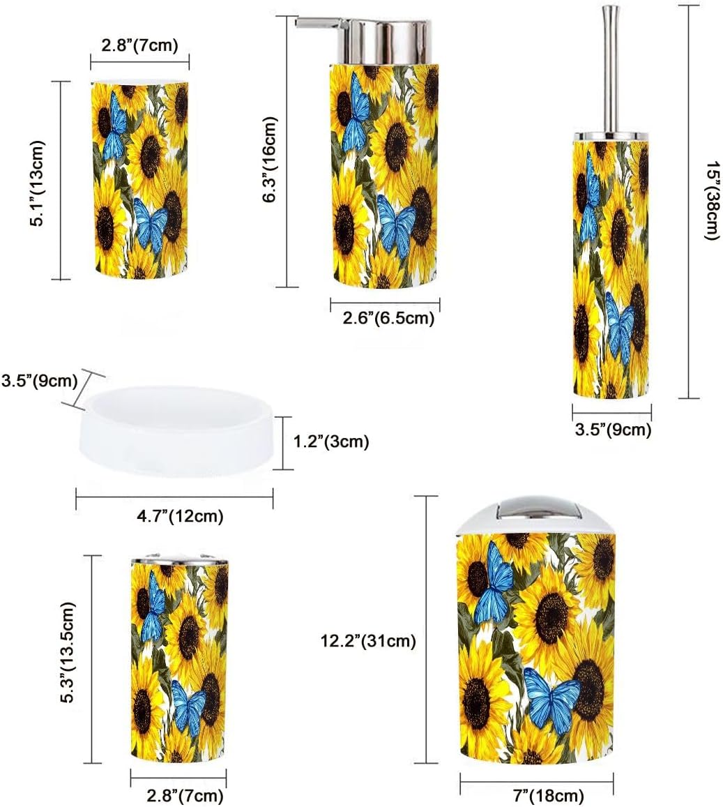 Bathroom Accessories Set 6 Pcs Beautiful Sunflower Butterfly Blue Bathroom Flower Decor Toothbrush Holder Cup Soap Dispenser Soap Dish Toilet Brush Holder Trash Can for Countertop Decor