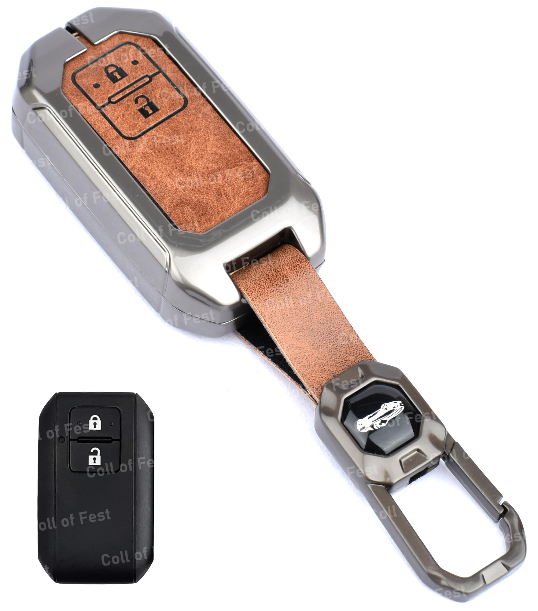 Coll of Fest Exclusive Metal Leather Key Cover Compatible With Maruti Suzuki Jimny Baleno Grand Vitara XL6 Swift New Brezza 2022 Ertiga Dzire 2 Button Key Leather Protection With Keychain, Multicolor