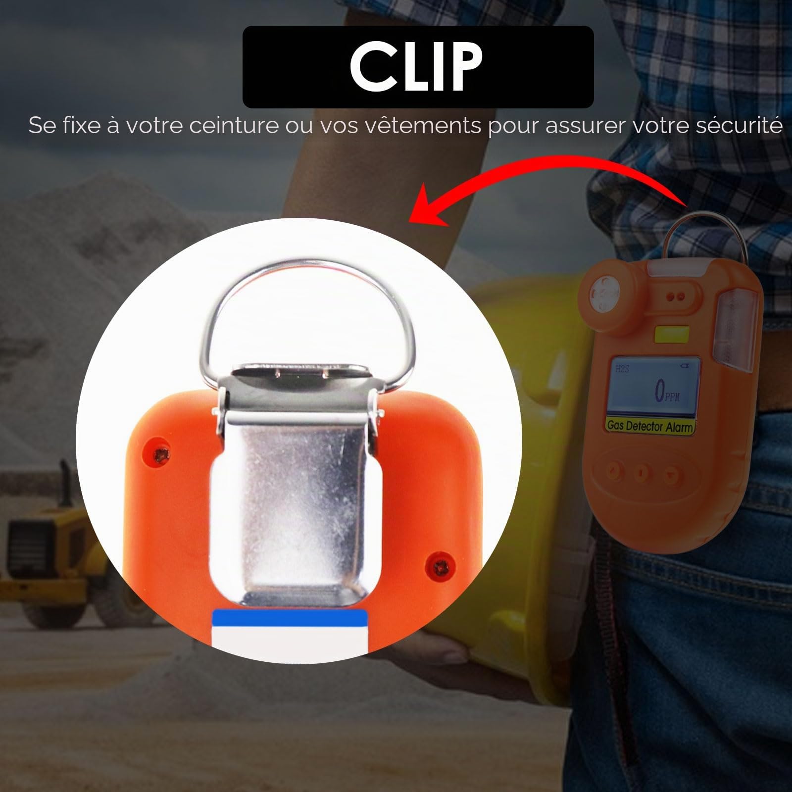 H2S - Détecteur de gaz numérique H2S à clipser - 0 ~ 100 ppm - Détecteur de sulfure d'hydrogène avec vibration, sonnerie et alarme visuelle, affichage en temps réel et date et fonction