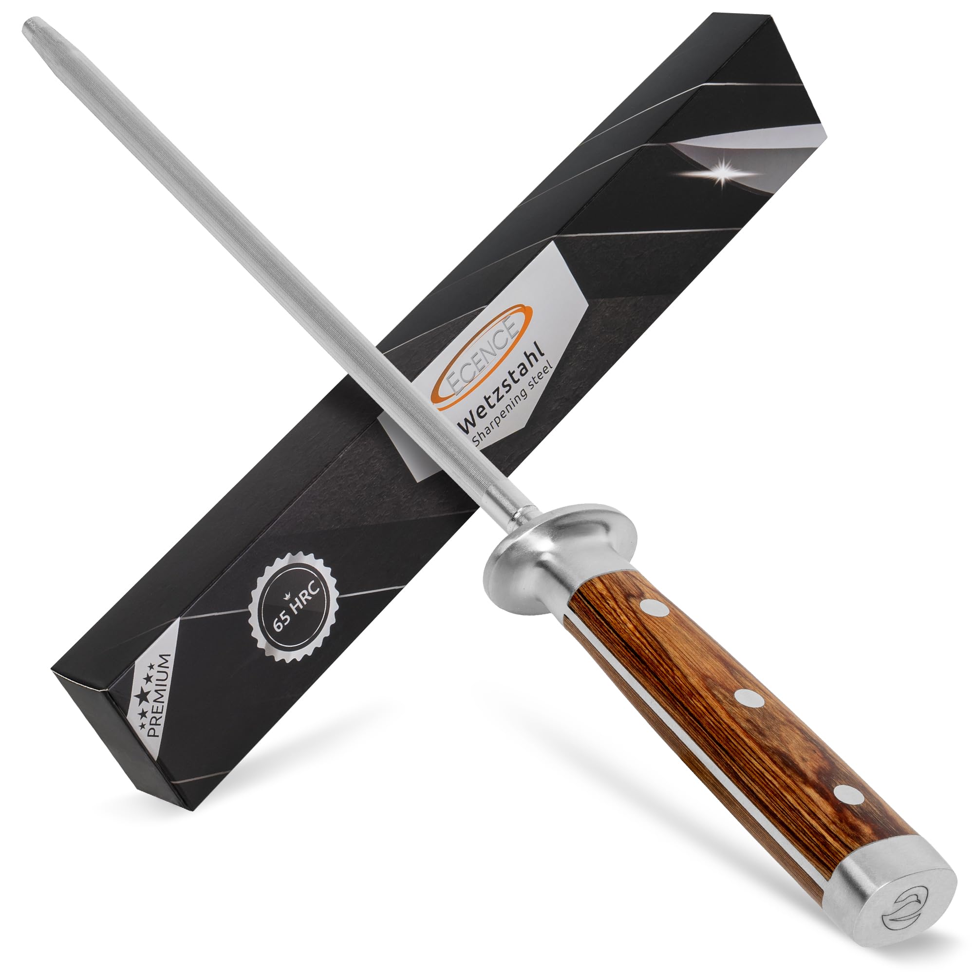 ECENCE Premium Wetzstahl 39cm - Profi-Messerschärfer (65 HRC) Silber | aus gehärtetem Edelstahl, mit edlem Holzgriff, Schleifstab für Küchenmesser