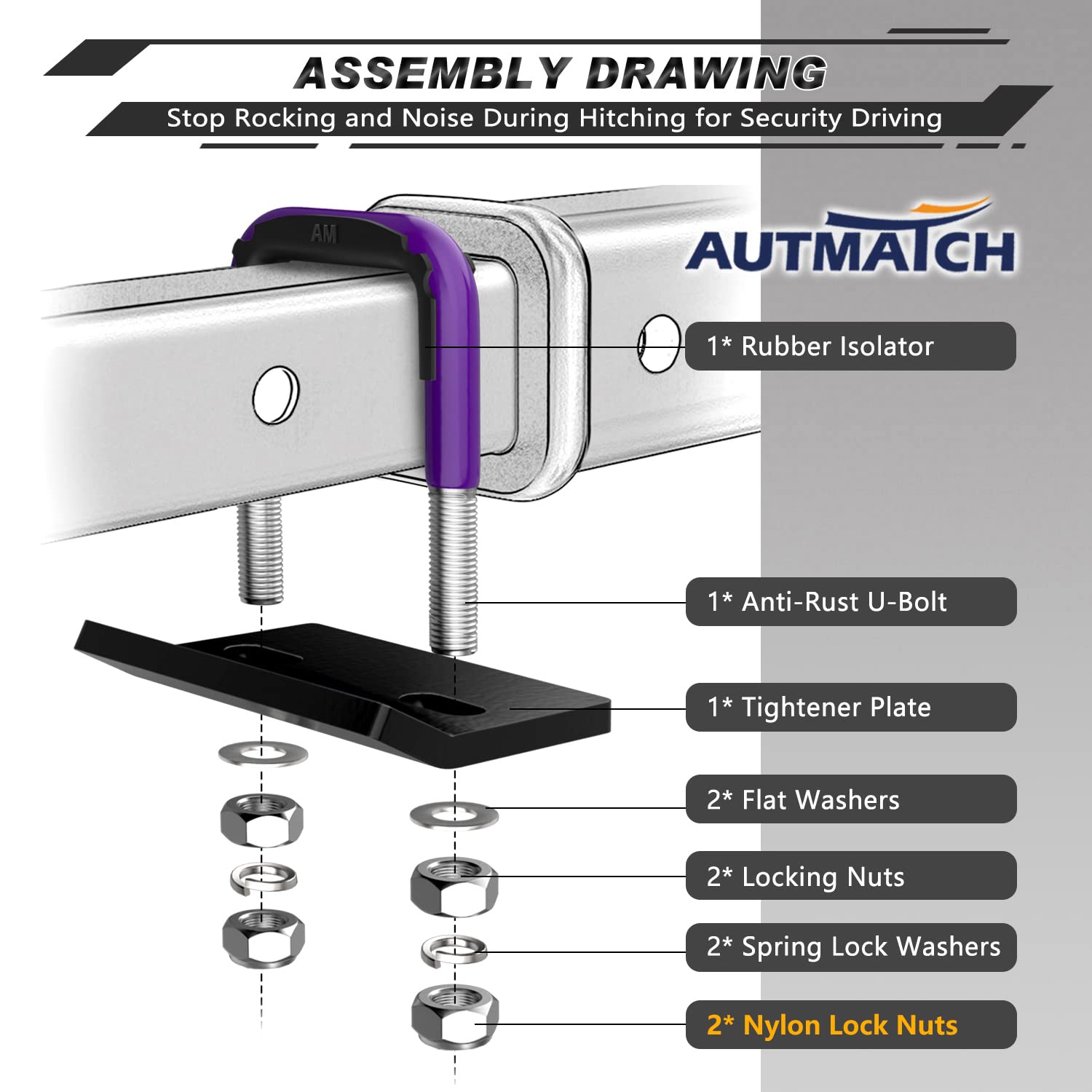 AUTMATCH Hitch Tightener Anti-Rattle Clamp, Heavy Duty Hitch Stabilizer For 1.25" And 2" Trailer Hitches, Rubber Isolator And Anti-Rust Double Coating - View #9