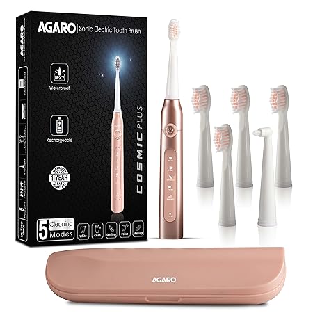 AGARO COSMIC PLUS Sonic Electric Tooth Brush For Adults with 5 Modes, 5 Brush Heads, 1 Interdental Head, Carry Case & Rechargeable with 4 Hours Charge Lasting Up to 25 Days, Power Toothbrush, (Rosegold)