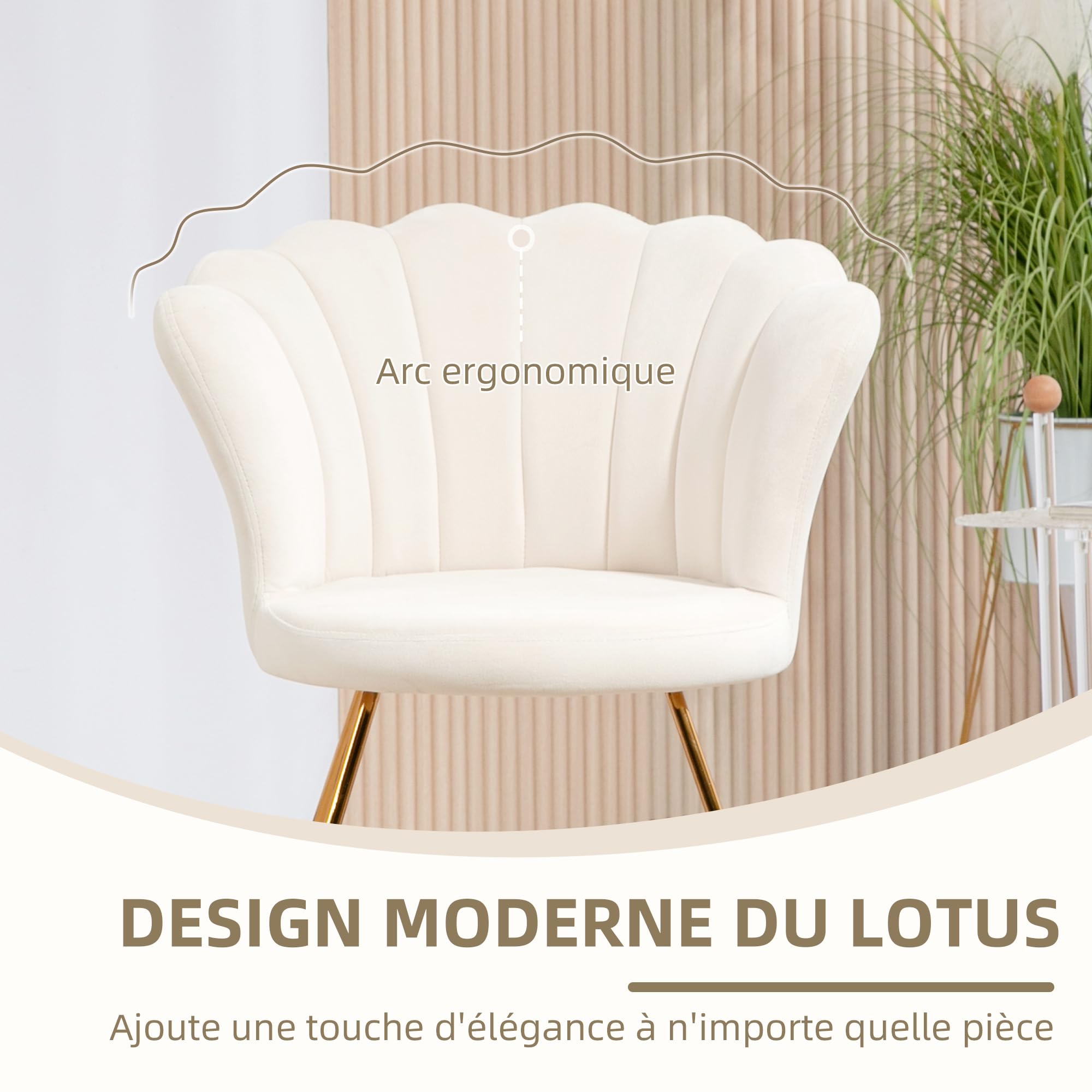 HOMCOM Chaise de Coquillage, Coiffeuse, Chaise en Velours, Chaise de Salon avec Pieds en Acier, pour Salon, Chambre à Coucher, 69 x 64 x 80 cm, crème