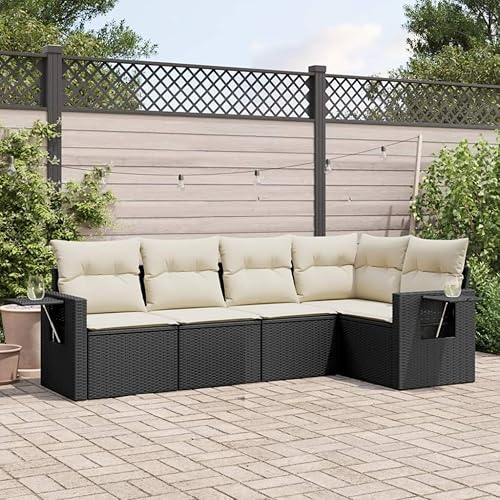 5-Piece Garden Sofa Set in Black and Cream White, Modern Outdoor Furniture with Soft Cushions, Modular Design for Patio, Durable Steel Frame and