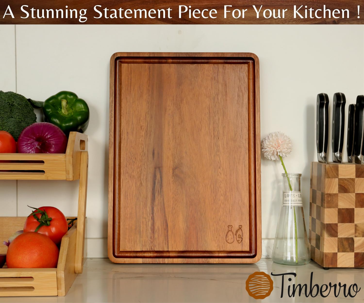 Tabla de cortar de acacia (17 x 12 x 1.2 pulgadas), doble cara con un lado de carne y pescado, un lado de verduras y frutas, asas integradas, ranura profunda para jugo en cada lado, grano