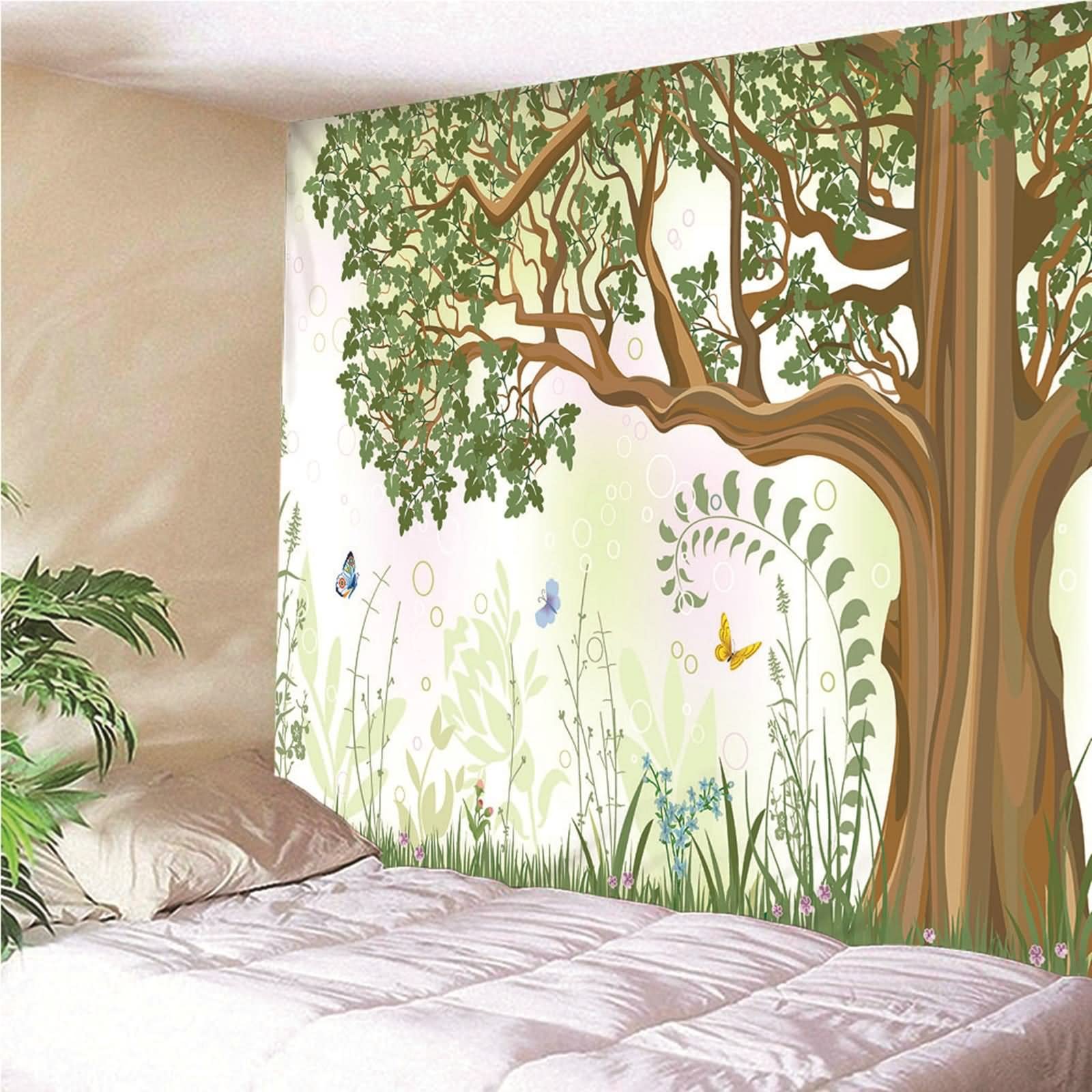 Tapiz Decorativo, Decoración Terraza Pared Árbol y Mariposa Poliéster Verde Marrón 300x260CM Regalo Mujer