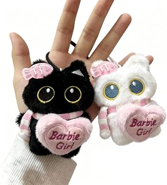 2 PCS Cute Black White Cat Plush Keychains, Soft Stuffed Animal Key Rings with Pink Scarf, Backpack Charms for Women Girls, Kawaii Bag Pendant Keychain Set