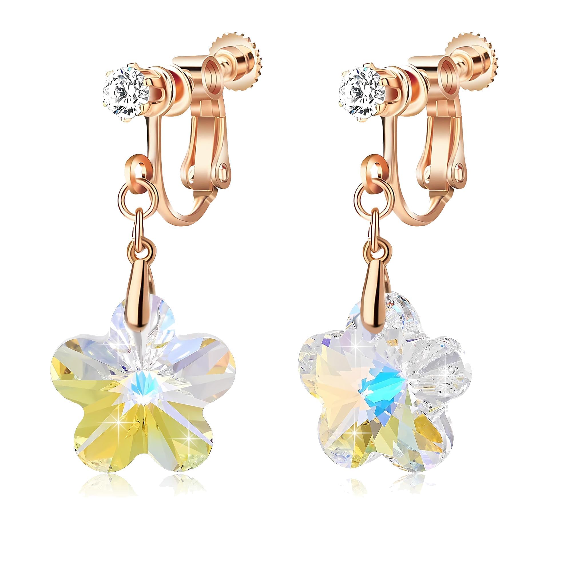 Austrian Crystal Flower Drop Clip On Earrings for Women Non Pierced 14K Rose Gold Plated Hypoallergenic Dangle Earring Jewelry