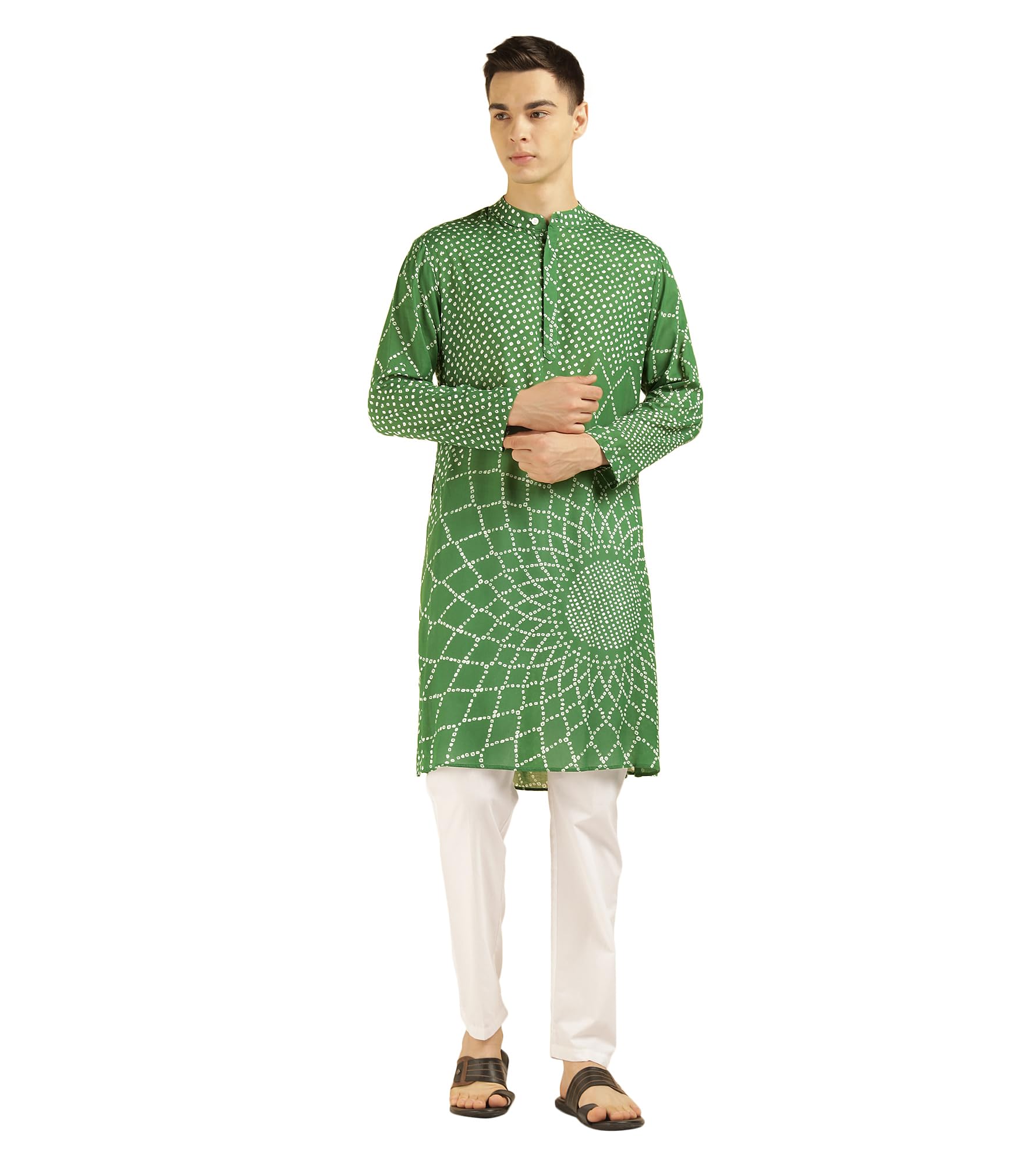 amanush Men's Bandhani Print Pure Cotton Knee Length Mandarin Collar Ethnic Kurta for Men|Full Sleeves|Mens Casual Shirts Kurtas|Indo Western|Ethnic Wear|Festival|Latest(AMKU00000051_XL_Green)-picture-36