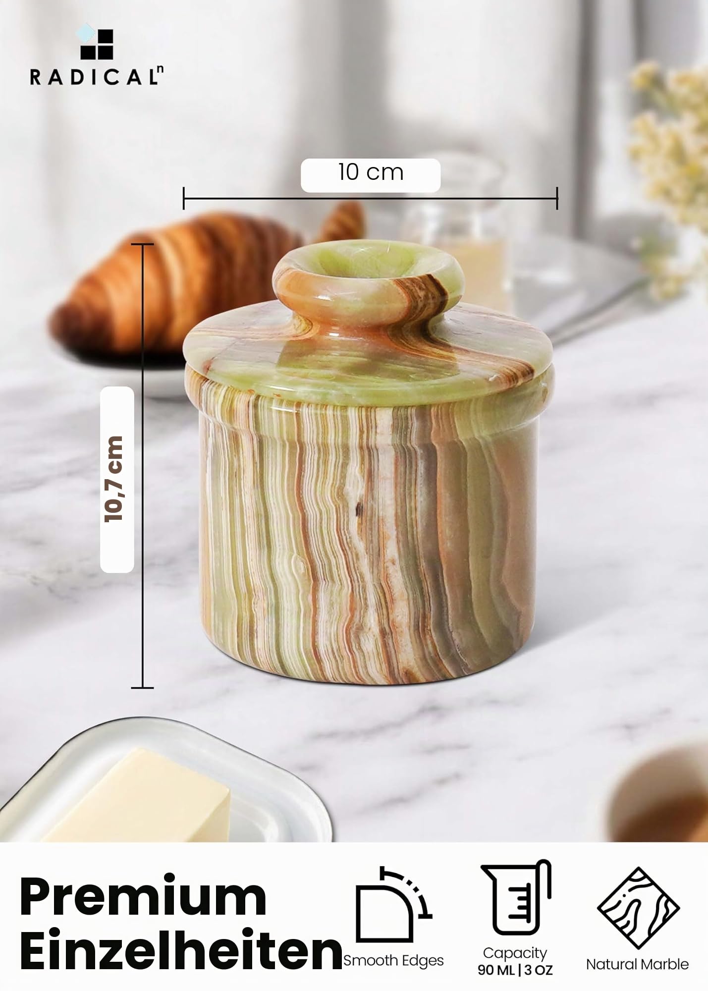 Radicaln Marmor-Butterbehälter, 10,8 cm, grüner Onyx, handgefertigt, Butteraufbewahrungsbehälter, französische Butterdose für Küchenarbeitsplatte und Buttertopf für Theke mit Wasser