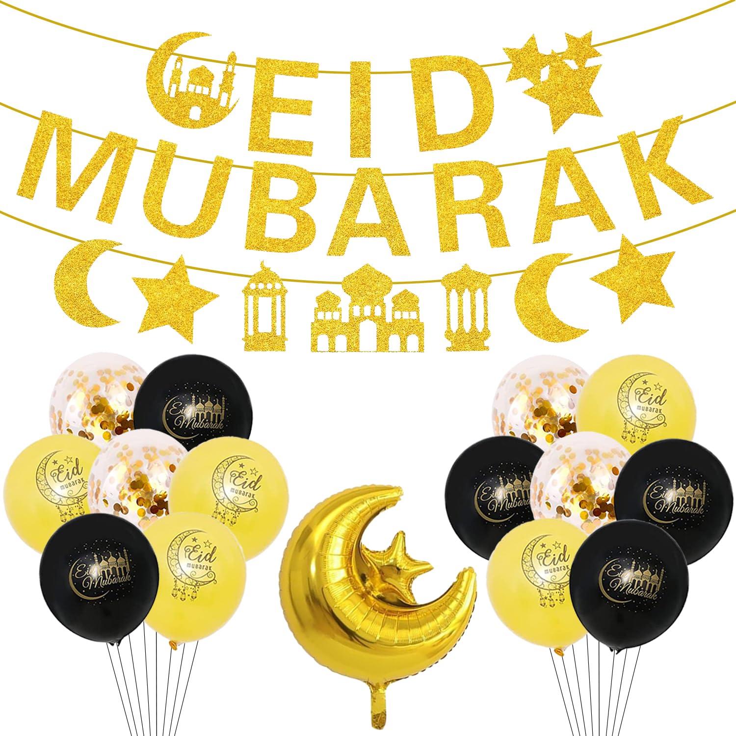 Eid Mubarak Decorations, 16 PCS Eid Decorations Set, Eid Mubarak Balloons Banner, Eid Mubarak Latex Aluminum Foil Balloons for Home Garden Islamic Muslim, Ramadan Party Decorations Supplies