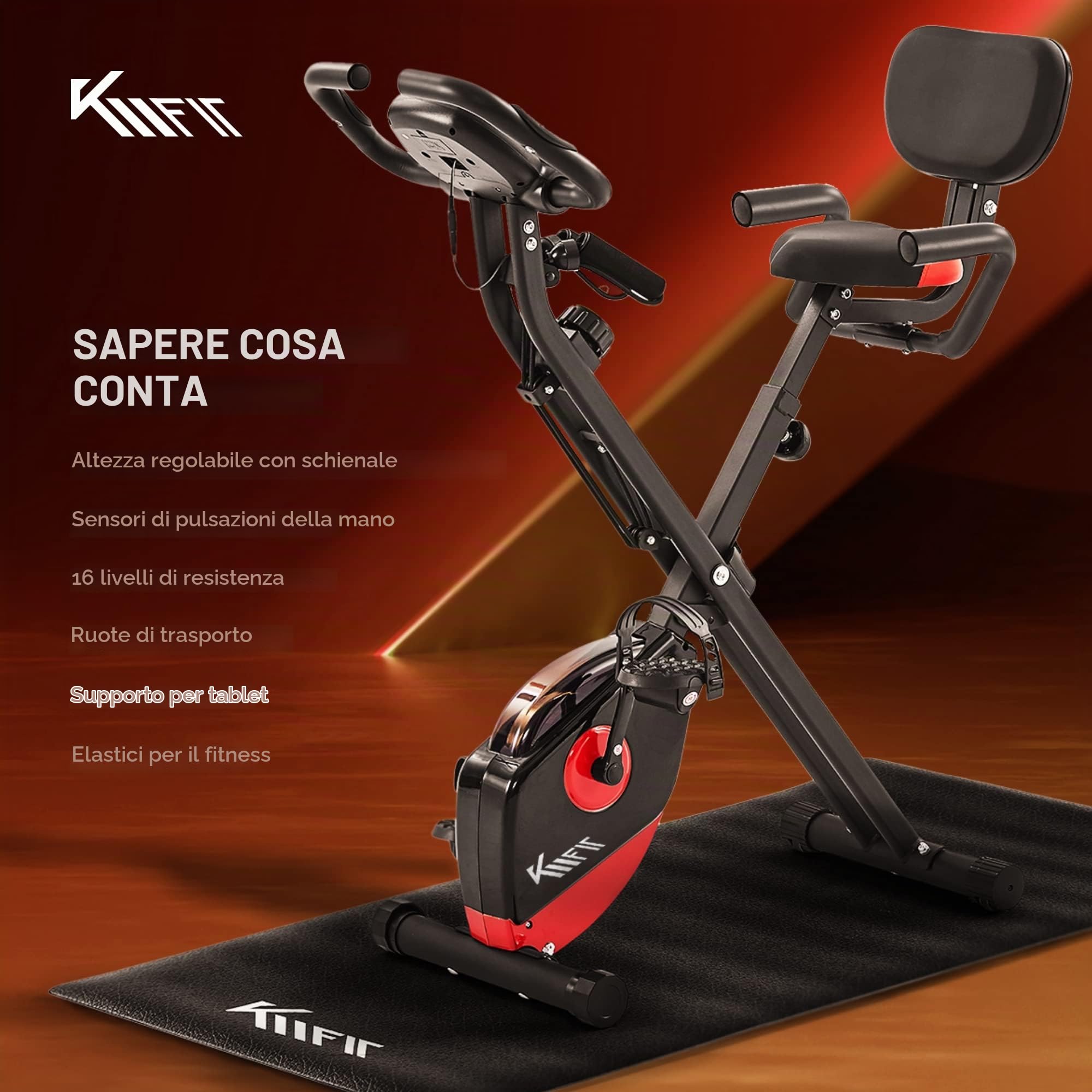 KM Fit 2in1 Bicicletta con display LCD | Fitness Bike pieghevole | Home Trainer 16 livelli di resistenza | Sensori di pulsazioni manuali | incl. tappetino e supporto per cellulare