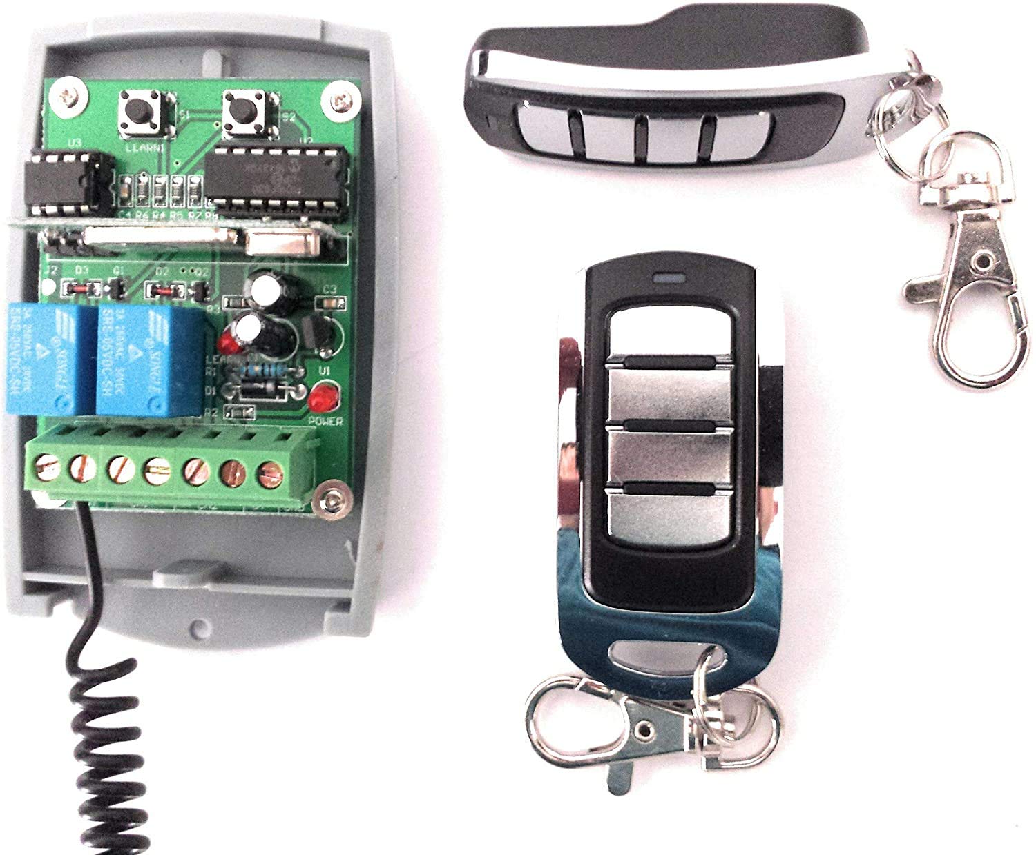 Radio Receptor Universal 433,92Mhz con 2 mandos a Distancia Rolling Code para Puertas de Garaje automáticas o Control Remoto.