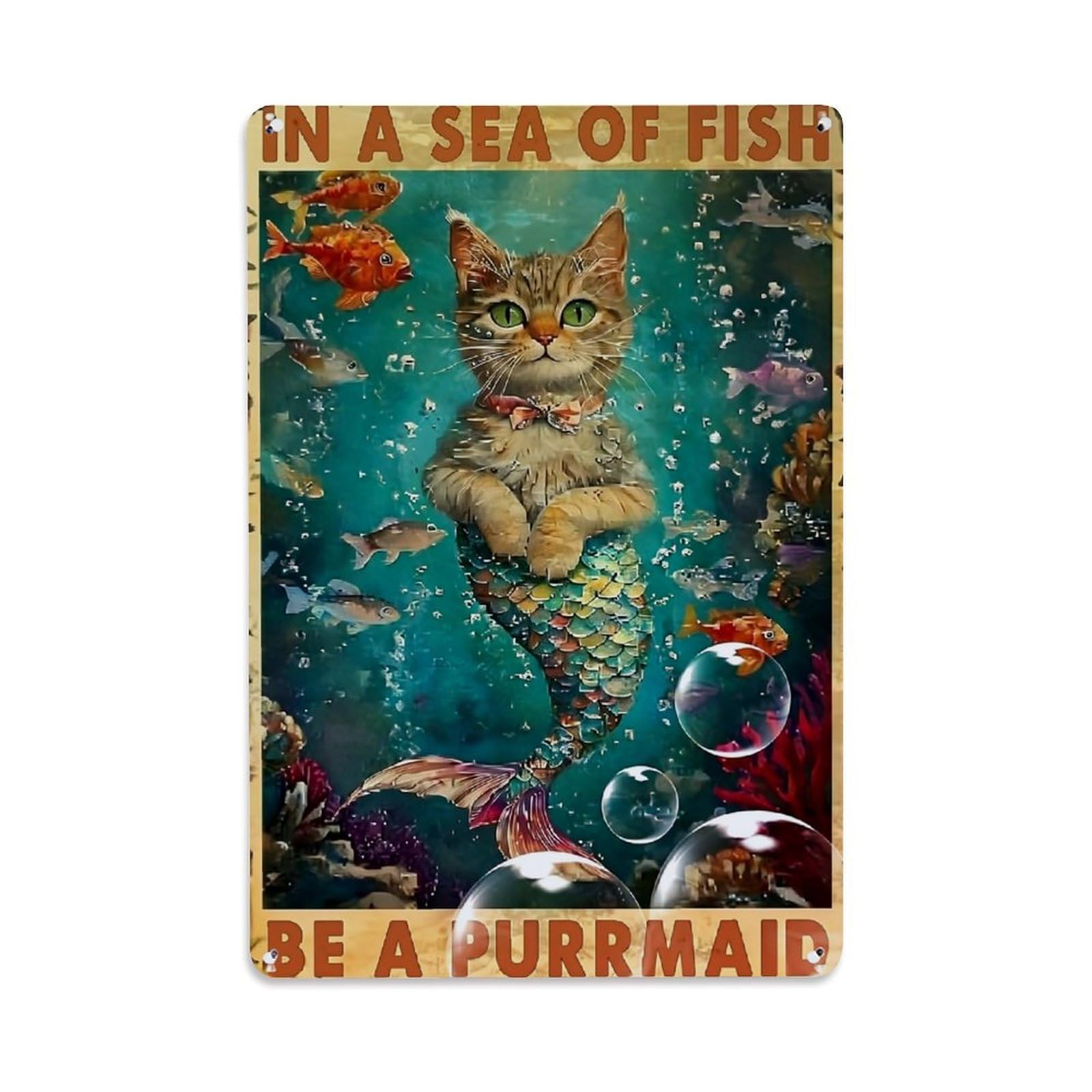 Bliveurn Vintage Cat Mermaid Underwater Fish Scene Retro Metal Tin Sign, Metal Poster For Home, Gaming Room, Studio Workshop,Bar,Garage Wall Art Decor 8X12 Inch
