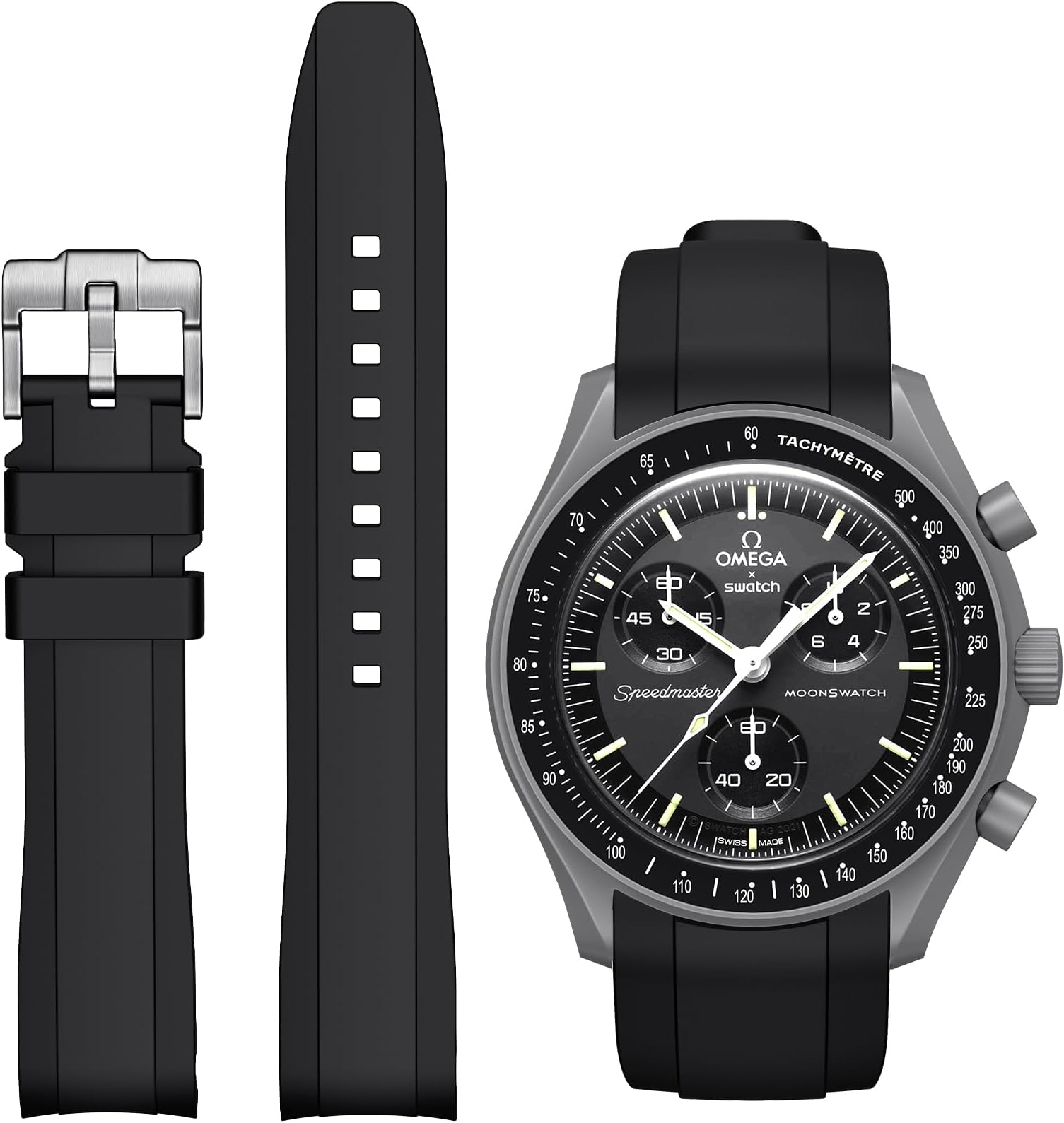 Strap for Omega x Swatch MoonSwatch 20mm - Soft Rubber Replacement Compatible With Speedmaster Watch - Seamless Curved Strap for Men