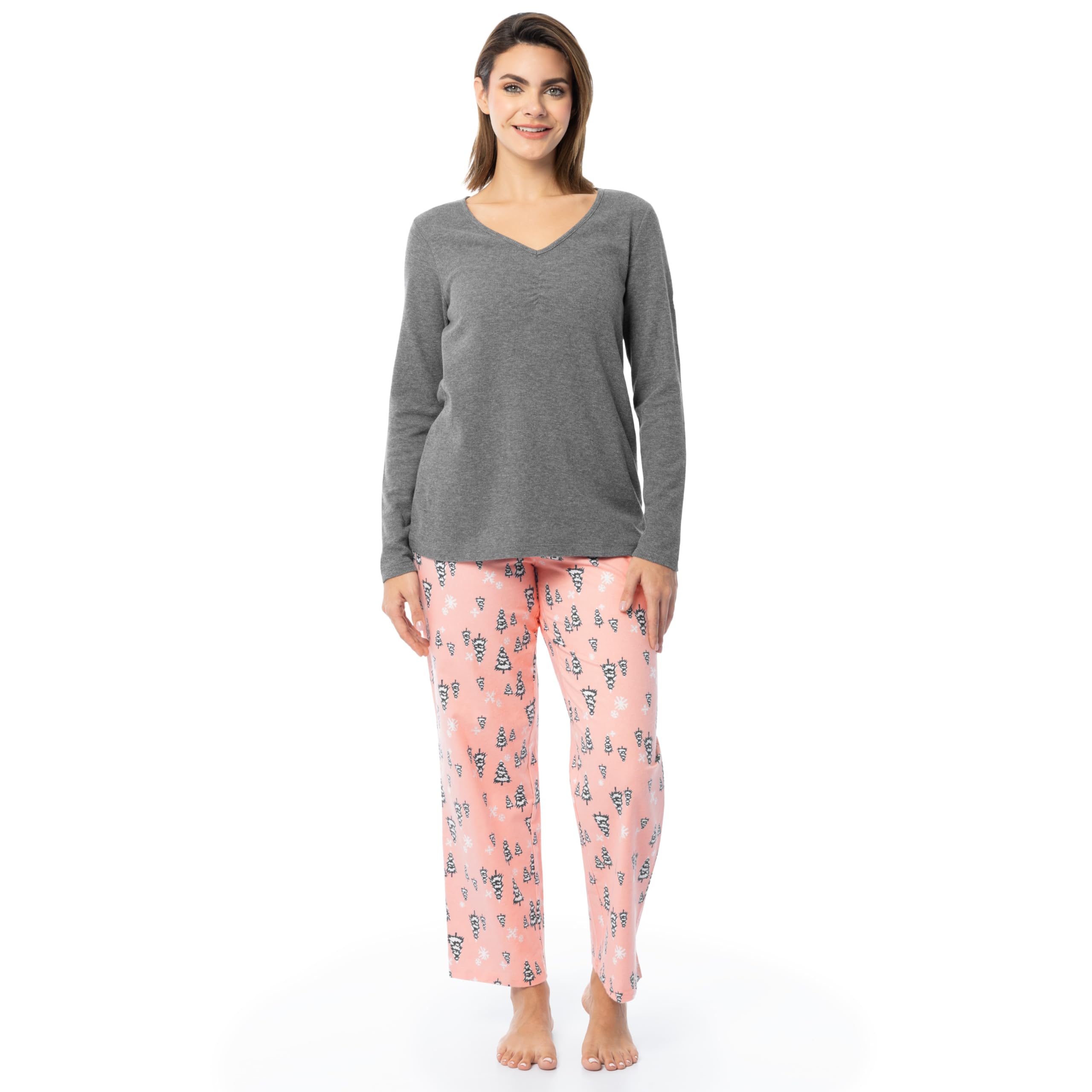 Fruit of the Loom Women's Waffle V-Neck Top and Flannel Pant Sleep Pajama Set