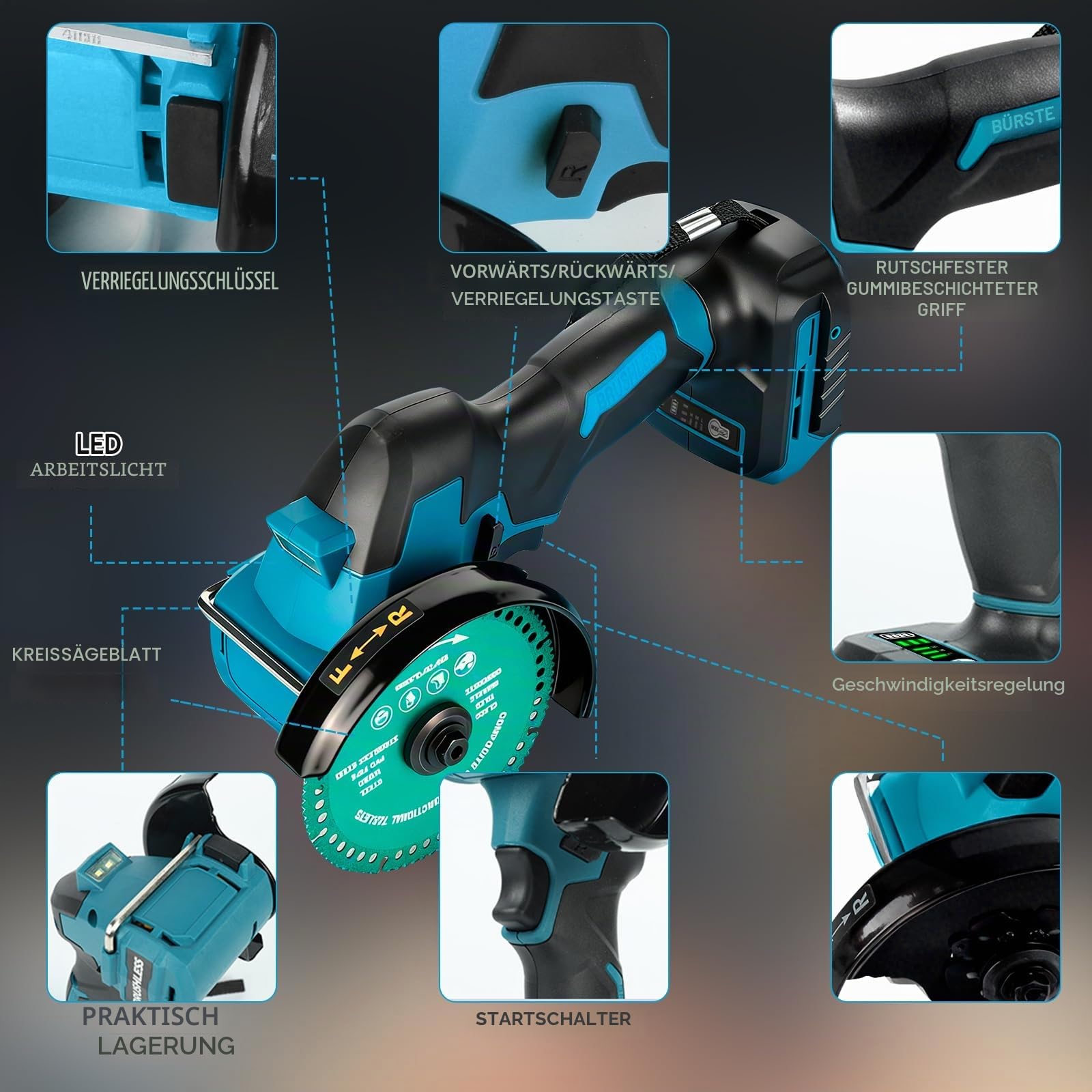 Akku-Winkelschleifer für Makita 18 V, bürstenloser Mini-Winkelschleifer, 18000 U/min, 100 mm, kleines Trennwerkzeug mit 4 Scheiben zum Schneiden, Polieren, Schleifen (für Makita, 100 mm)