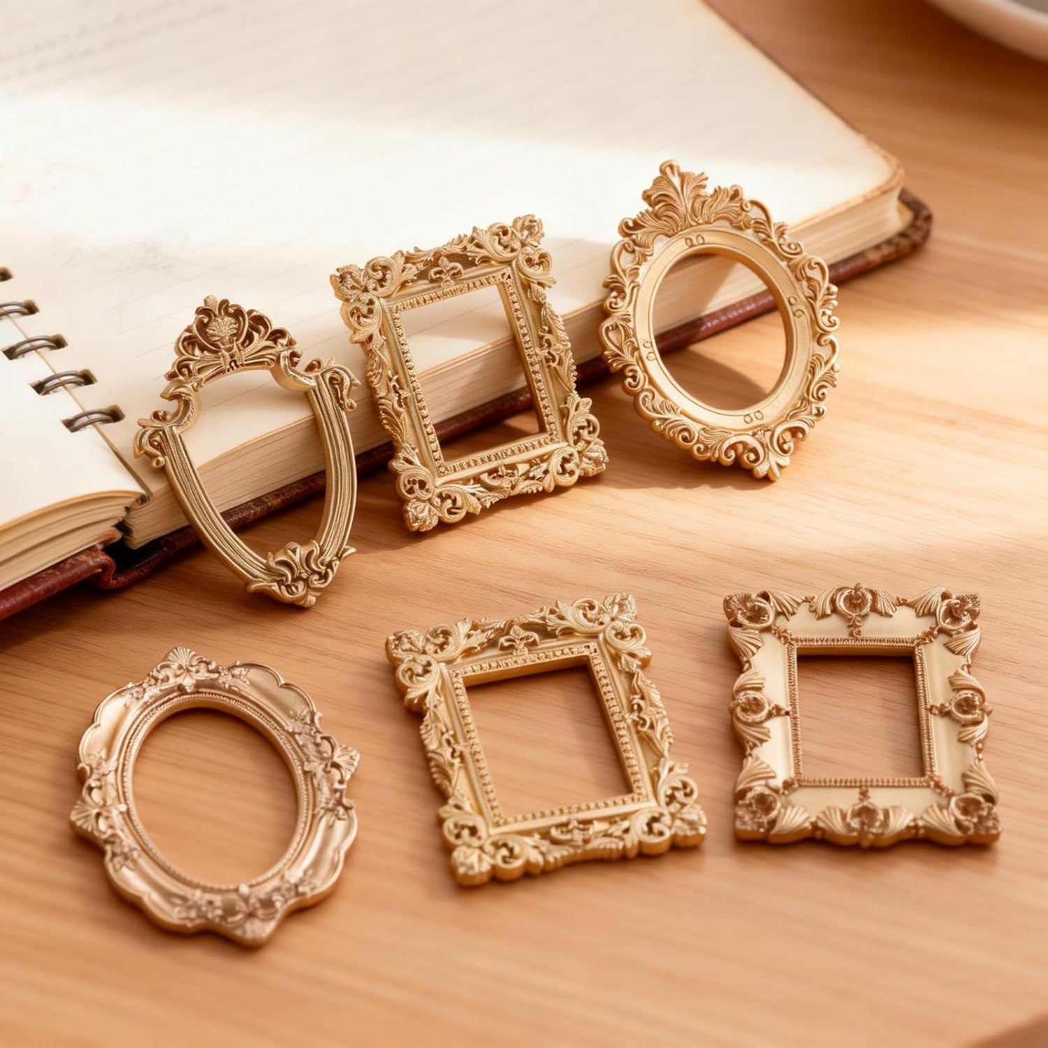 LOGOFUN 5PCS Vintage Picture Frame Magnet Mini Photo Frame Refrigerator Magnets Miniature Frame Shaped Fridge Stickers for DIY Kitchen Decor - Gold