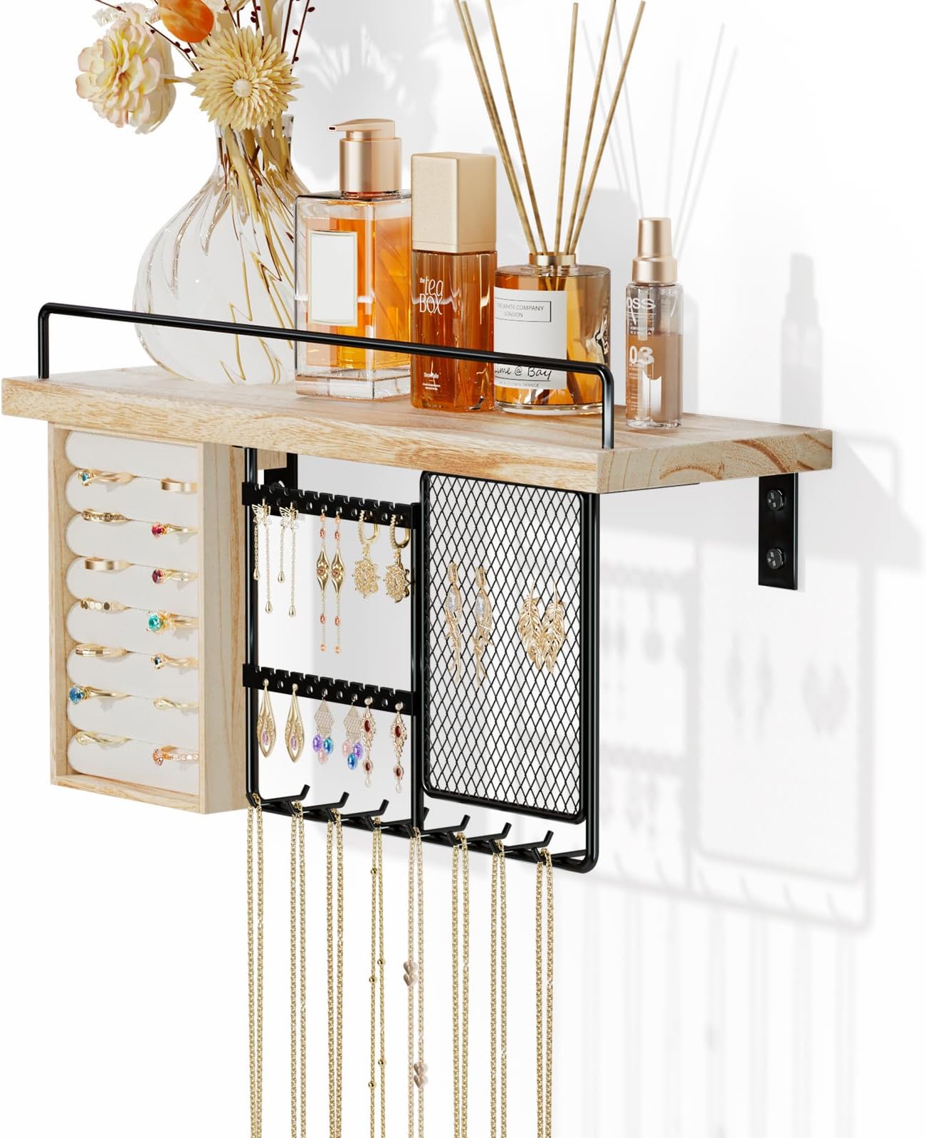 LolaletWall Mounted Hanging Jewelry Organizer with Wood Shelf, Wall Jewelry Holder with Hooks for Ring Earring Bracelets Necklaces Display -Nature