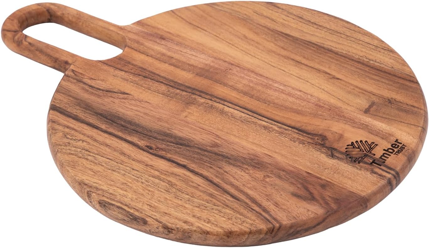 Acacia Wood Round Cutting Board with Handle – Charcuterie & Chopping Board for Pizza, Meat, Bread, Vegetables & Fruits – Kitchen Serving Tray – Durable, Non-Slip Surface – 15.5x12x0.75 Inches