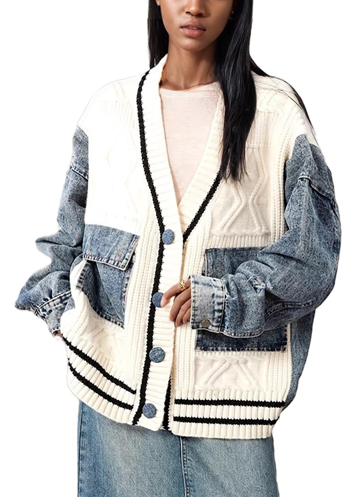 Tbahhir Women Open Front Sweater Cardigan Denim Patchwork Long Sleeve Chunky Knit Button Down Jackets with Pockets