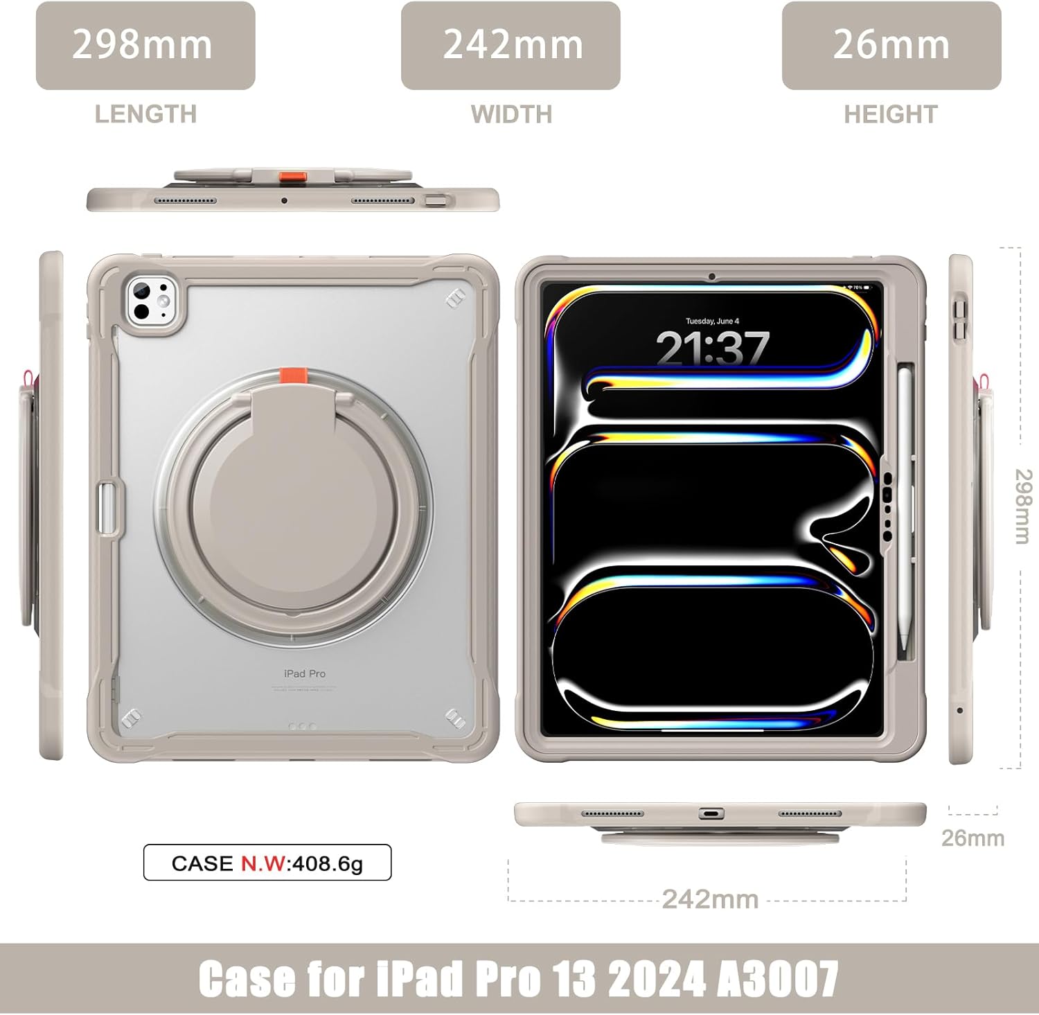 Batianda iPad Pro 13 inch Case 2024 M4 Chip Lightweight Dual-Layer Protective Tablet Cover, Durable Shock-Absorbing Corners with 360° Rotating Retractable Kickstand Ring Built-in Pen Slot, Khaki