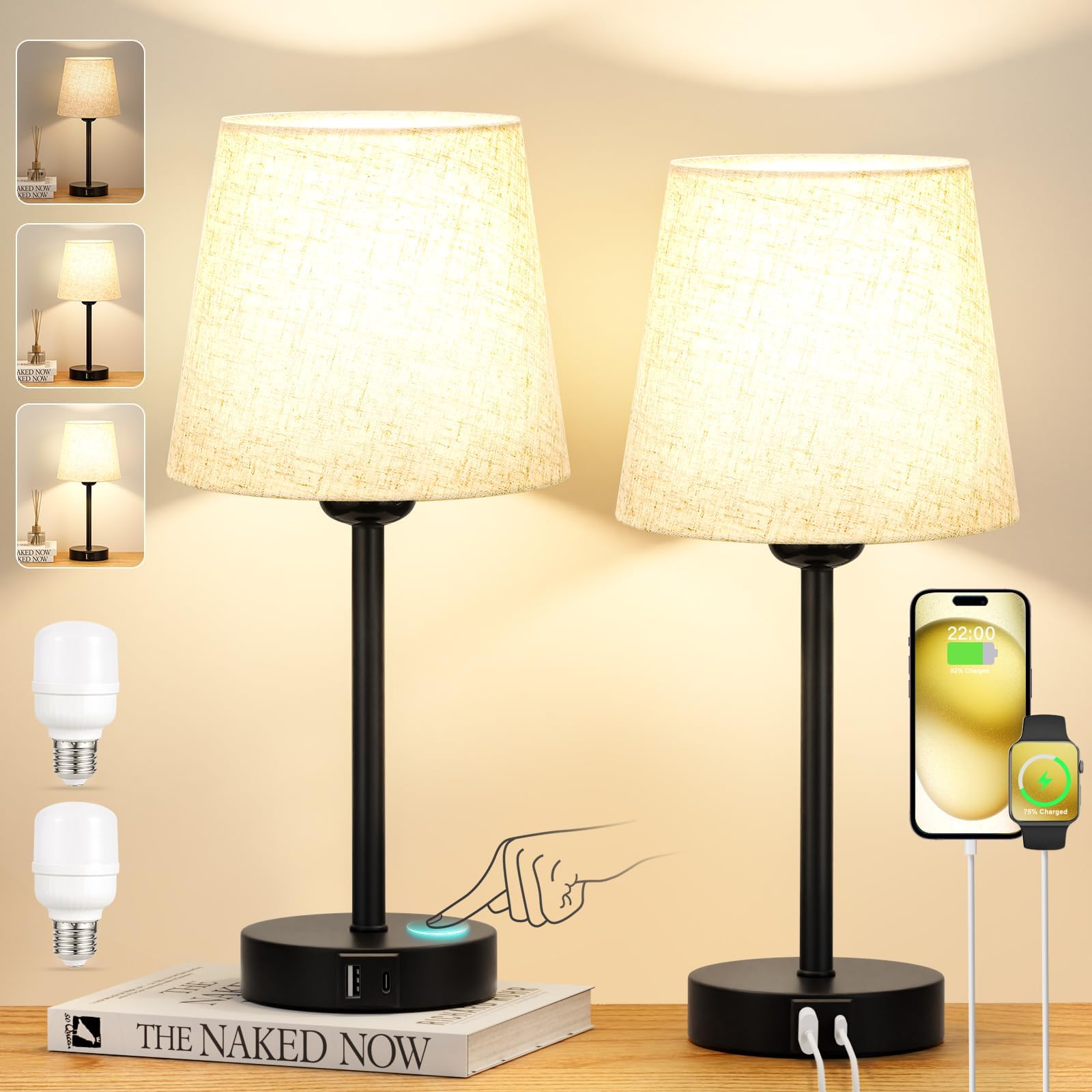 Bedside Lamps Set of 2 Touch Lamps with USBC+A Charging Ports, 3Way