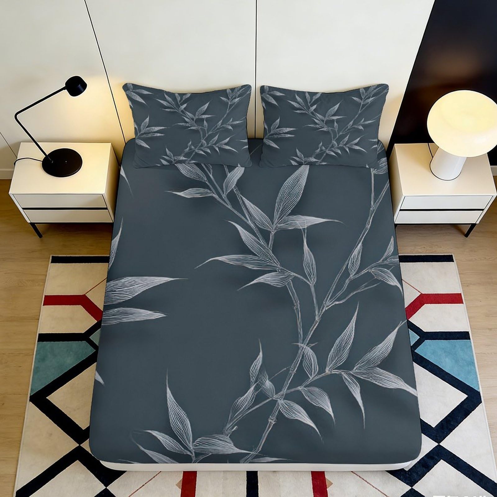 3D Printed Grey Leaf Pattern Fitted Sheet Microfiber Soft Breathable Bamboo Branch Bed Cover for Bedroom Dormitory Guest Room Mattress Protection 140x200x25cm