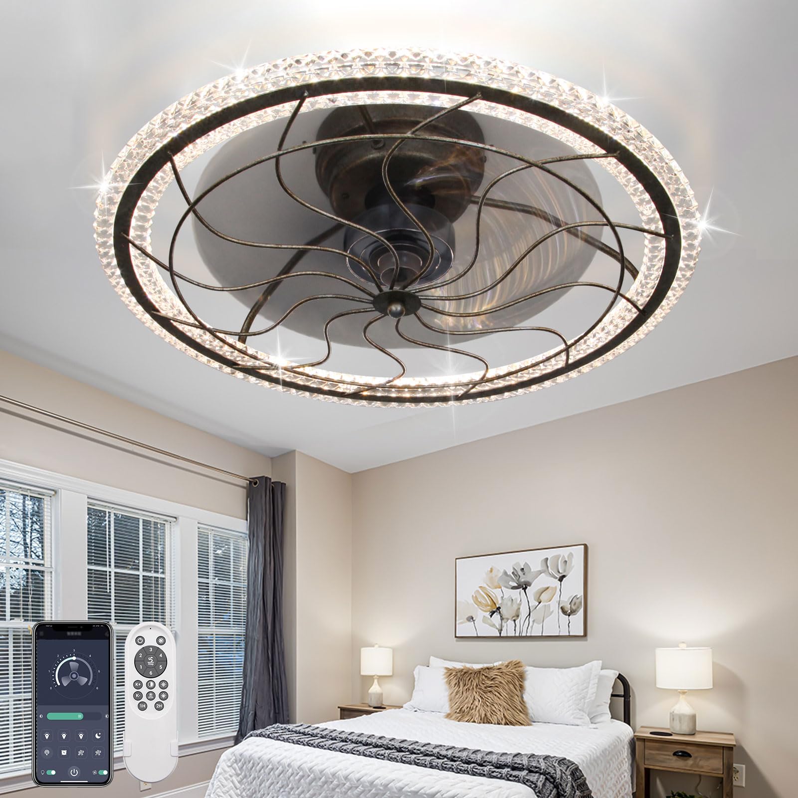 Low Profile Fan with Light,Crystal Flush Mount Led Ceiling Fan with Light and remote,19.7" Modern Ceiling Fan Light Fixture with Dimmable 3Color Change and 6Speed for Bedroom Living Room,Kitchen