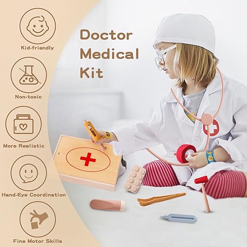 Miniatura 4 de Kit médico para niños, kit médico de silicona de madera, juego de doctor para niños pequeños, juego de rol para niños y niñas, juguete educativo