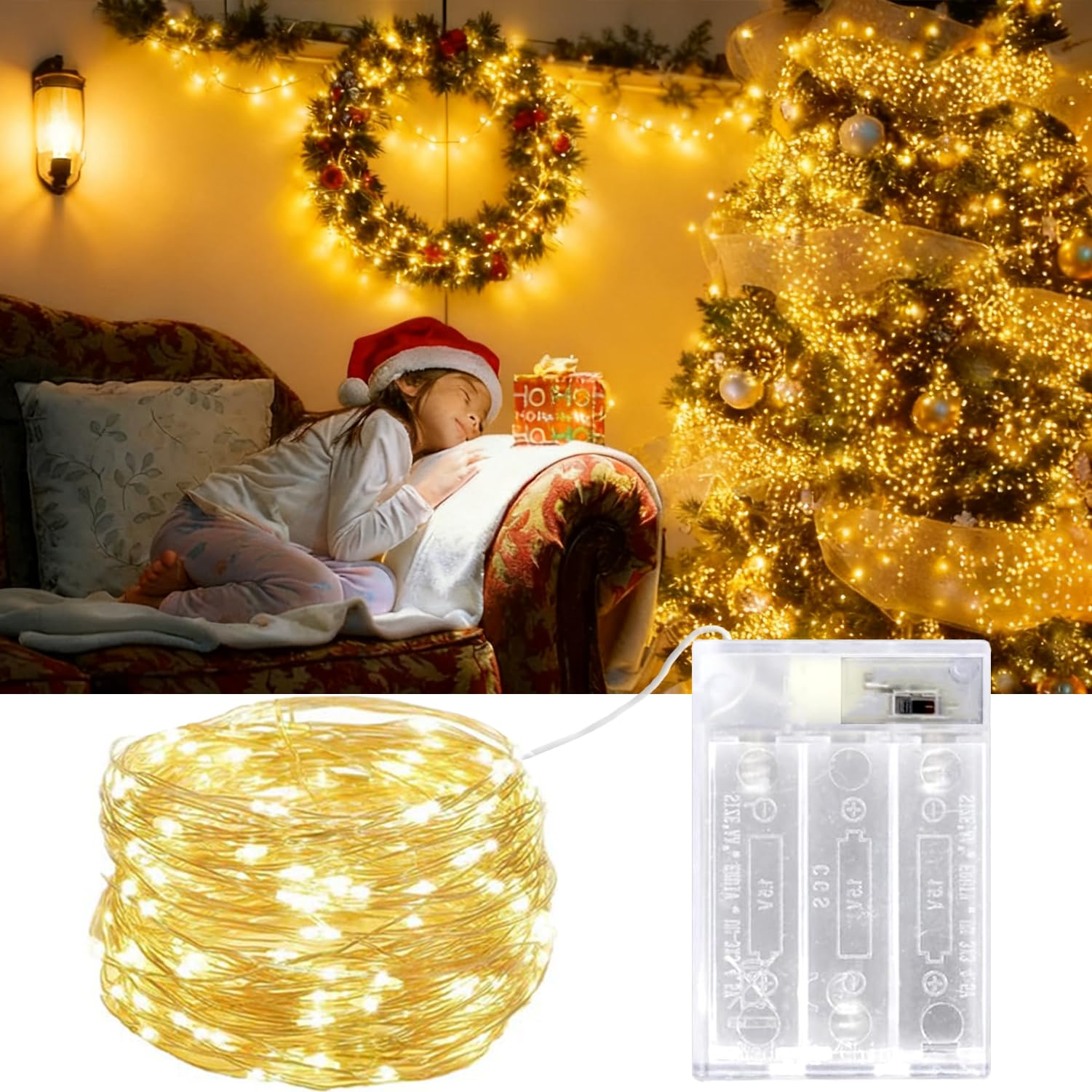 OEMG 40ft/12m Fairy Lights Battery Operated 3 Modes Waterproof Micro 120 LEDs 3 AA Battery Powered Copper Wire Led String Lights for Bedroom Indoor Outdoor Wedding Party Decoration (1Pack, Warm White)