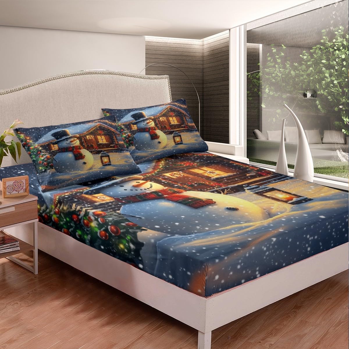 Erosebridal Holiday Poinsettia Fitted Sheet Full Size,Farmhouse Christmas Decoration Bed Sheets Pinecone Red Floral Green Pine Tree Leaves Xmas Bedding Set,Winter New Year Sheets 3 Pcs