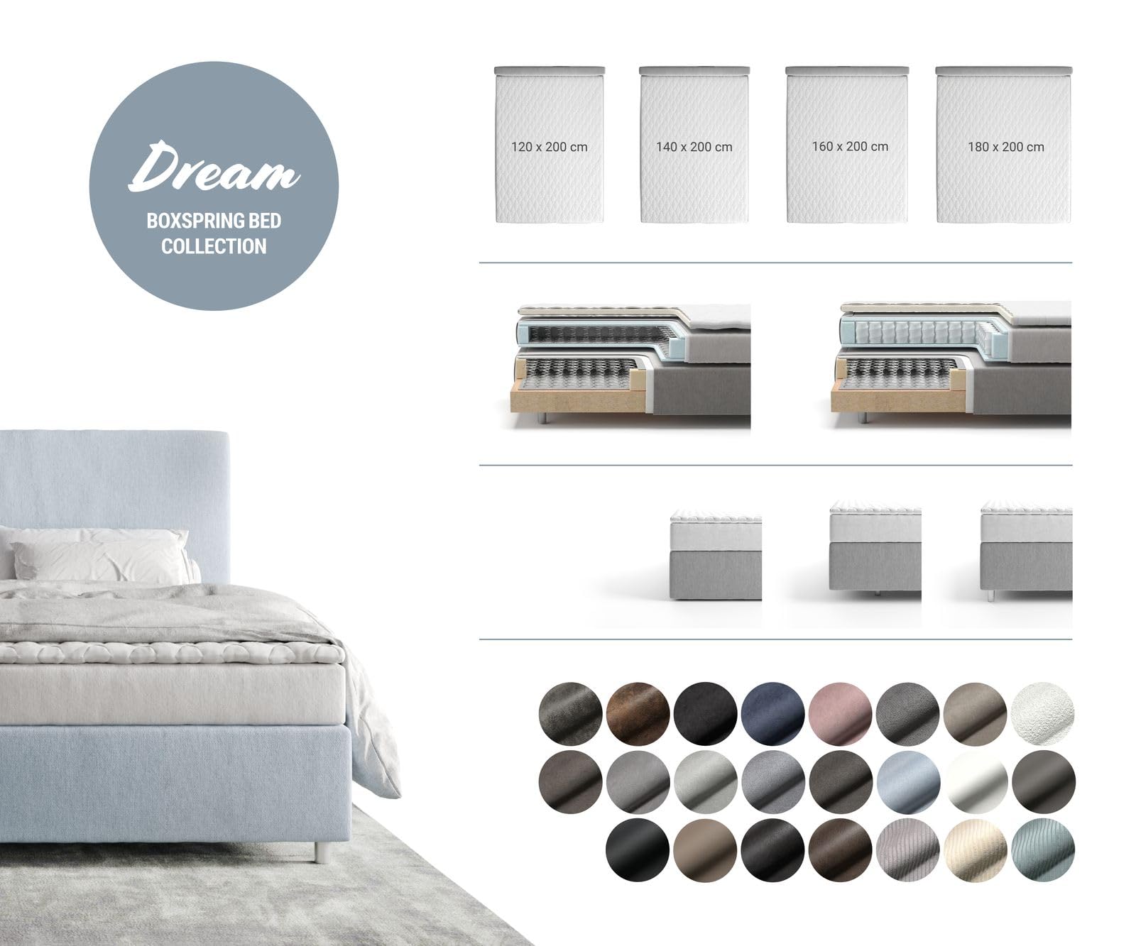 DELIFE Boxspringgestell Dream-Well Bouclé Creme-Weiß 180x200 cm Bettgestell