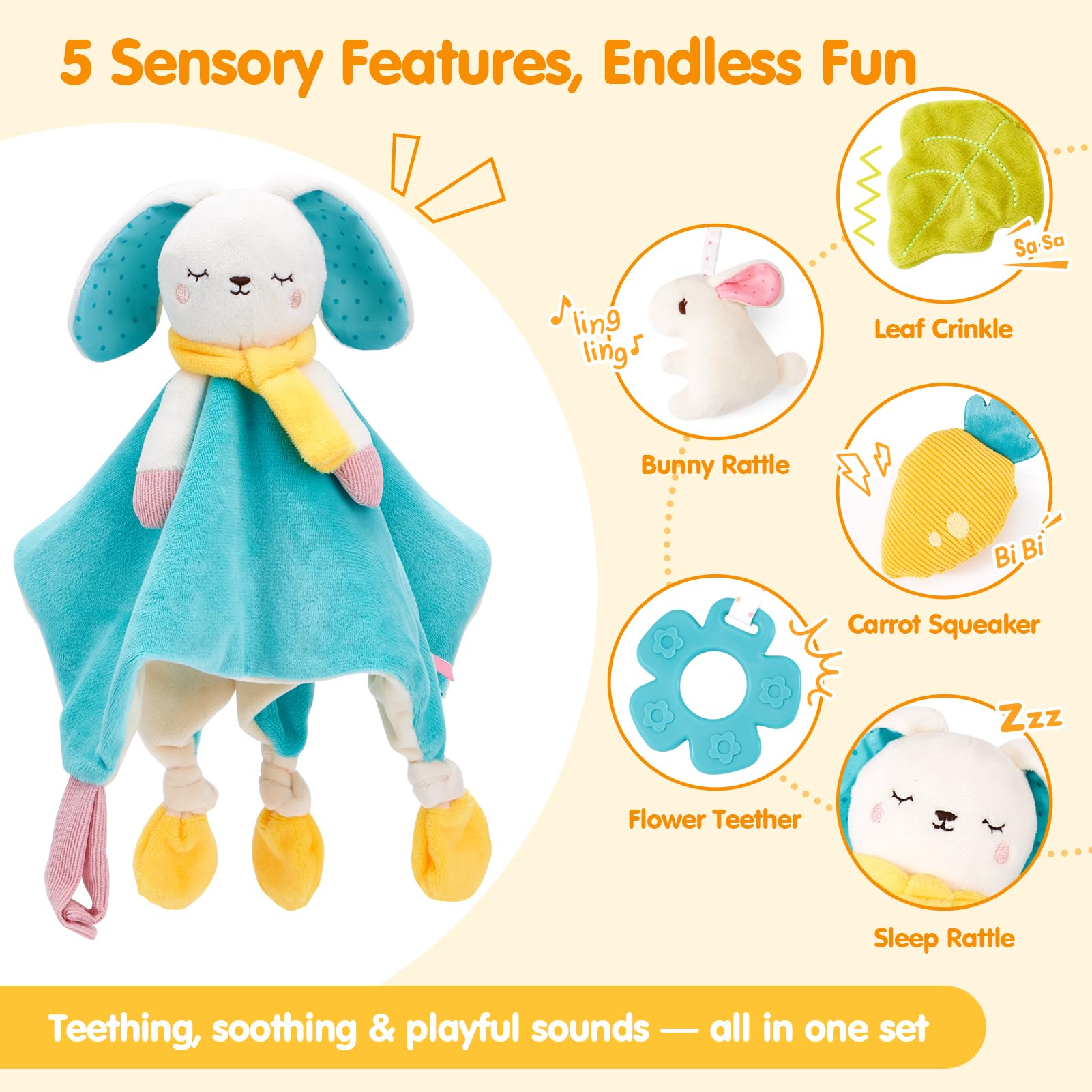 hahaland Sensory Toys for Babies 0-6 Months, Baby Comforter Set including Rattle & Teething Toy, Plush Bunny Soother Blanket - Image 2
