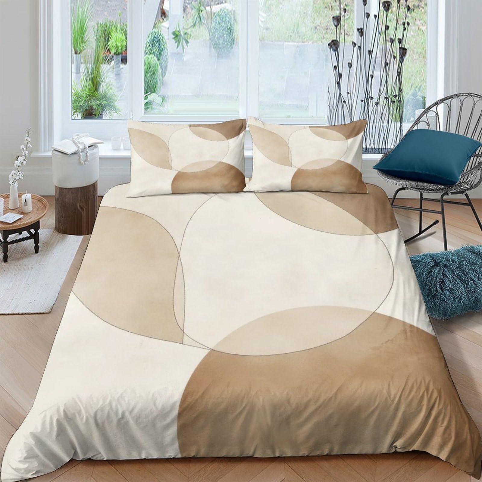 GPLZQXKJNH 3D Printed Beige Geometric Duvet Cover Microfiber Soft Breathable Taupe Circle Bedding Set with 2 Pillowcases for Bedroom Decor Single（135x200cm）