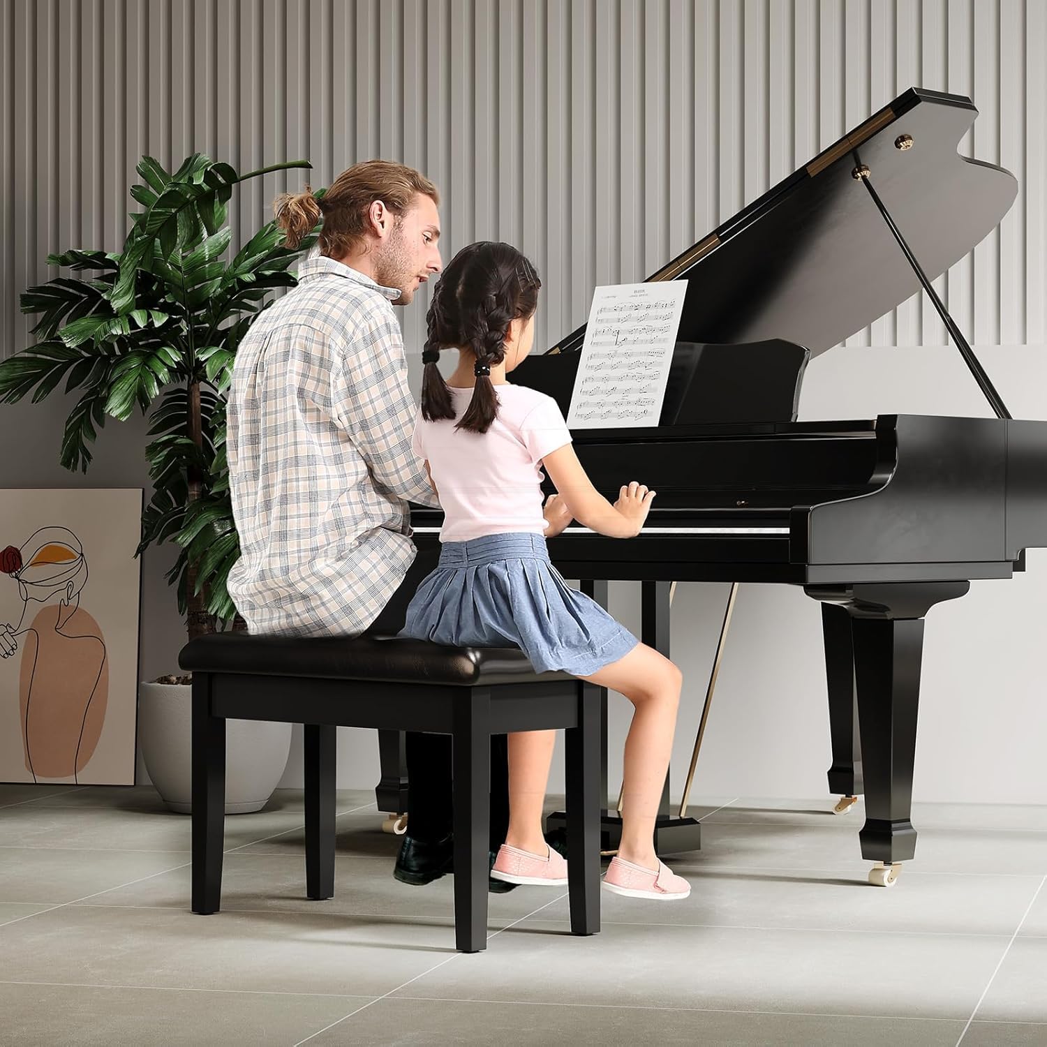 Sgabello per Pianoforte, 75x35x49CM, Panca Pianoforte con Spazio di Archiviazione, Sedia Pianoforte con 4CM Cuscino in Pelle PU, Gambe in Legno Massello, Sgabello Pianoforte Carico Massimo 200KG, Nero