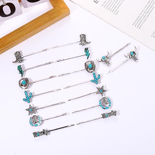 Miniatura 8 de 16 horquillas para el cabello turquesa occidental, pasadores de vaquera del suroeste, sombrero de vaquera, botas de cactus, estrella, rayo,