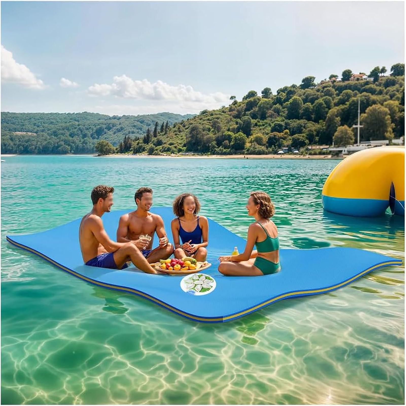Tappetino Galleggiante – Tappetino Galleggiante per Lago, in Schiuma XPE a 3 Strati Antistrappo, con Corda Elastica di Ancoraggio; Ideale per Lago, Spiaggia, Mare e Piscina,Blu,2.7m x 1.5m x 3.3cm