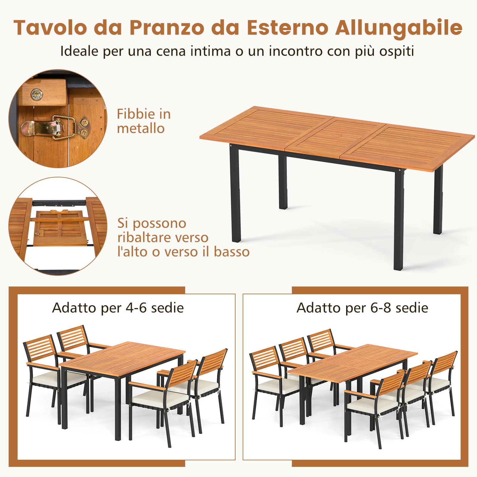 COSTWAY Tavolo Allungabile e 6 Sedie da Esterno, Pranzo da Giardino in Legno Massello, Tavolo con Foro per Ombrellone e Poltrone con Cuscini, Schienale e Braccioli, per Balcone e Cortile