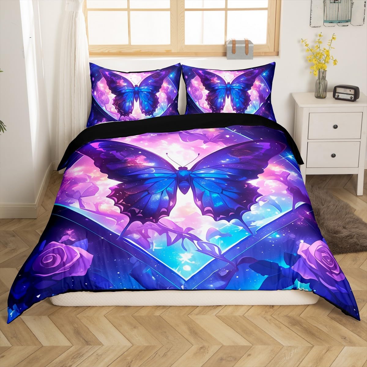 Butterfly Duvet Cover Set King Size,Purple Rose Flowers Romantic Floral Reversible Comforter Cover with 2 Pillowcases,Blue Starry Stars Galaxy Rhombus Plaid Microfiber Quilt Cover Set (NO Comforter)